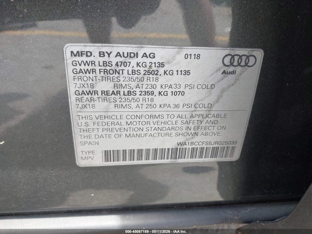 Продажа на аукционе авто 2018 Audi Q3 2.0t Premium/2.0t Sport Premium, vin: WA1BCCFS5JR025039, номер лота: 45087189