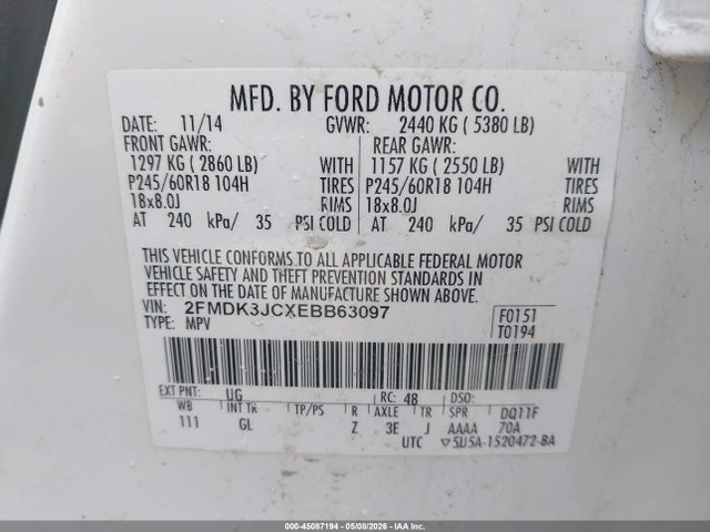 2014 Ford Edge Sel მანქანა იყიდება აუქციონზე, vin: 2FMDK3JCXEBB63097, აუქციონის ნომერი: 45087194