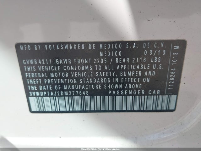 Aukcja sprzedaży 2013 Volkswagen Jetta 2.5l Se, vin: 3VWDP7AJ2DM277648, numer aukcji: 45087196