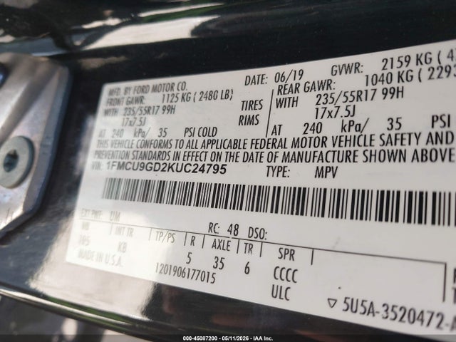45087200 :رقم المزاد ، 1FMCU9GD2KUC24795 vin ، 2019 Ford Escape Se مزاد بيع