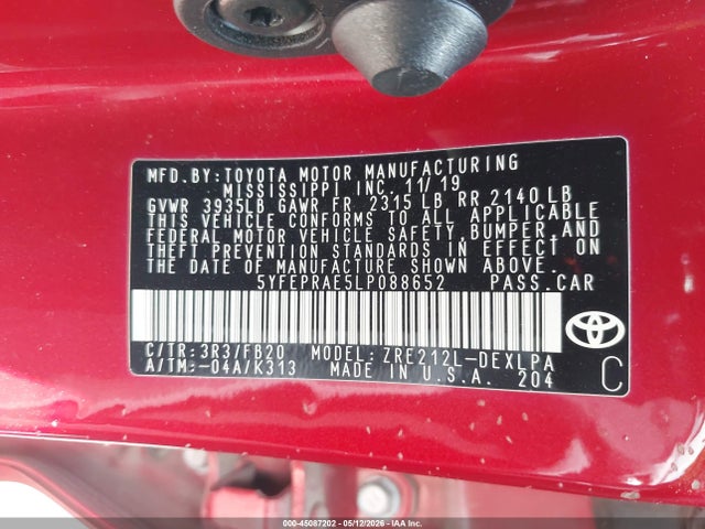 45087202 :رقم المزاد ، 5YFEPRAE5LP088652 vin ، 2020 Toyota Corolla Le مزاد بيع