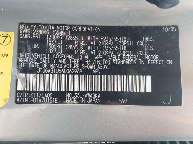 Aukcja sprzedaży 2006 Lexus Rx 330, vin: JTJGA31U660062989, numer aukcji: 45087206