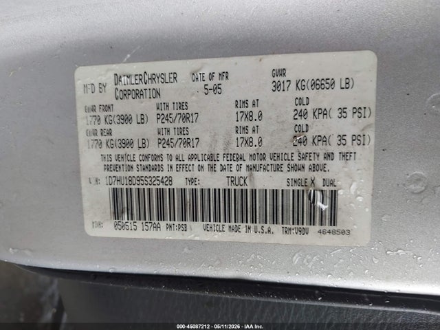 Продажа на аукционе авто 2005 Dodge Ram 1500 Slt/laramie, vin: 1D7HU18D95S325428, номер лота: 45087212