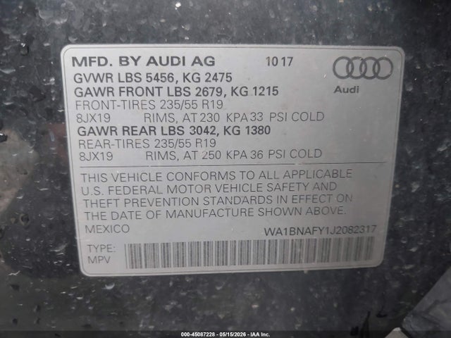 Продаж на аукціоні авто 2018 Audi Q5 2.0t Premium/2.0t Tech Premium, vin: WA1BNAFY1J2082317, номер лоту: 45087228