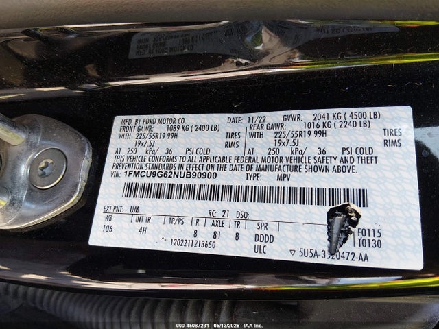 Продаж на аукціоні авто 2022 Ford Escape Se, vin: 1FMCU9G62NUB90900, номер лоту: 45087231