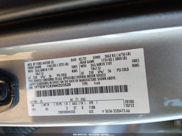 Продажа на аукционе авто 2022 Ford F-150 Xlt, vin: 1FTEW1C83NKD23529, номер лота: 45087238