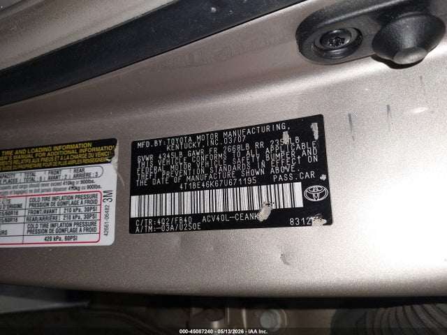 2007 Toyota Camry Le მანქანა იყიდება აუქციონზე, vin: 4T1BE46K67U671195, აუქციონის ნომერი: 45087240