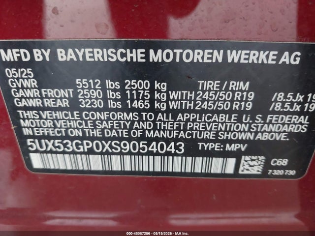 45087256 :رقم المزاد ، 5UX53GP0XS9054043 vin ، 2025 Bmw X3 30 Xdrive مزاد بيع
