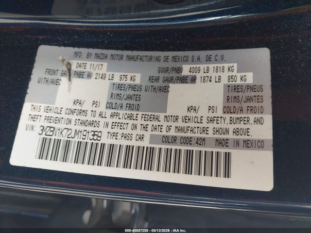 Aukcja sprzedaży 2018 Mazda Mazda3 Sport, vin: 3MZBN1K72JM191359, numer aukcji: 45087258