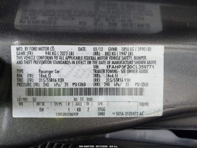 Aukcja sprzedaży 2012 Ford Focus Se, vin: 1FAHP3F20CL359771, numer aukcji: 45087259