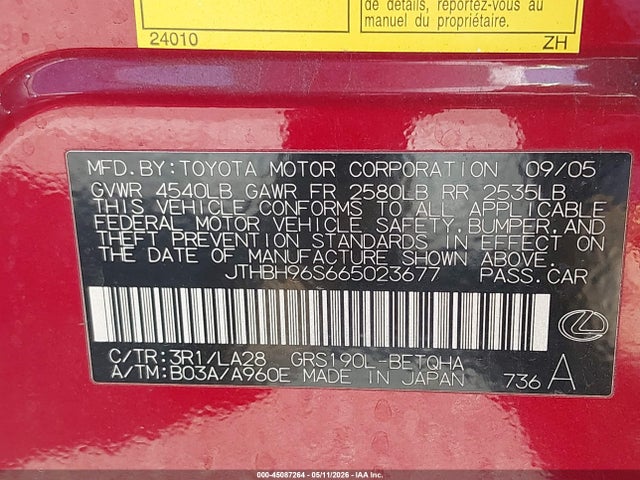 45087264 :رقم المزاد ، JTHBH96S665023677 vin ، 2006 Lexus Gs 300 مزاد بيع
