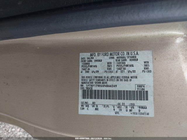 Aukcja sprzedaży 1999 Ford F-150 Lariat/work Series/xl/xlt, vin: 1FTRF17W6XNB66249, numer aukcji: 45087269