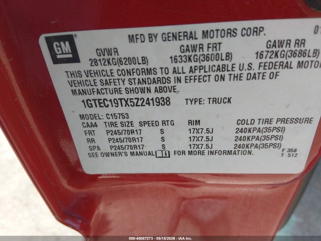 45087273 :رقم المزاد ، 1GTEC19TX5Z241938 vin ، 2005 Gmc Sierra 1500 Sle مزاد بيع