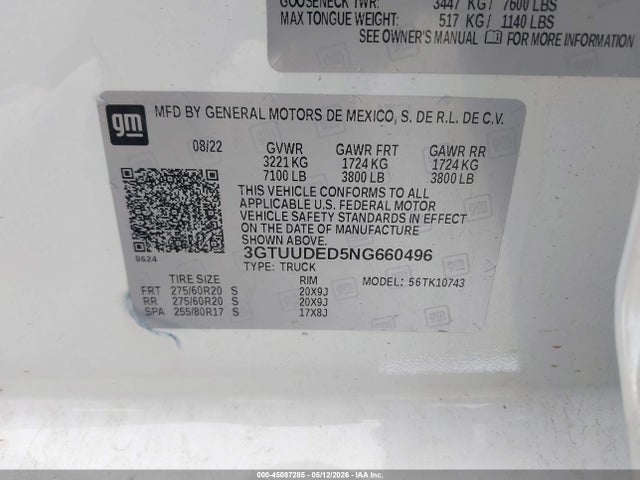 2022 Gmc Sierra 1500 4wd  Standard Box Slt მანქანა იყიდება აუქციონზე, vin: 3GTUUDED5NG660496, აუქციონის ნომერი: 45087285