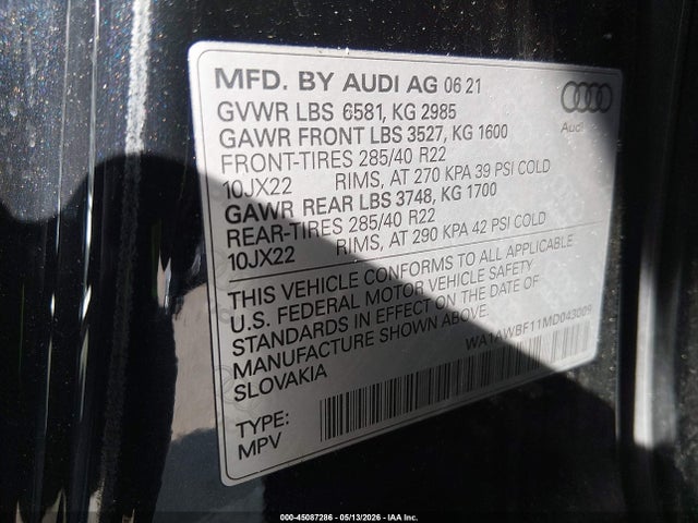 45087286 :رقم المزاد ، WA1AWBF11MD043009 vin ، 2021 Audi Sq8 Premium Plus Tfsi Quattro Tiptronic مزاد بيع
