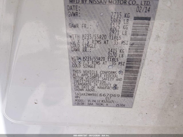 Продажа на аукционе авто 2014 Nissan Pathfinder Platinum, vin: 5N1AR2MM9EC667069, номер лота: 45087287