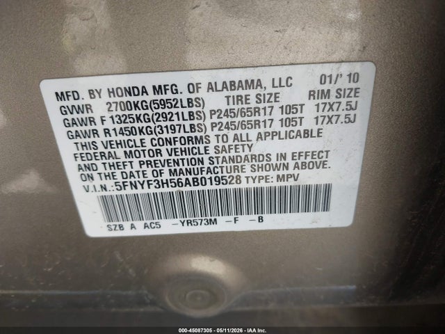 2010 Honda Pilot Ex-l მანქანა იყიდება აუქციონზე, vin: 5FNYF3H56AB019528, აუქციონის ნომერი: 45087305
