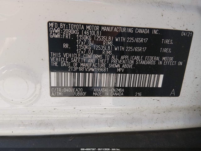 45087307 :رقم المزاد ، 2T3P1RFV5MW199681 vin ، 2021 Toyota Rav4 Xle مزاد بيع
