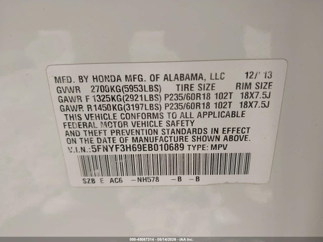 Продажа на аукционе авто 2014 Honda Pilot Ex-l, vin: 5FNYF3H69EB010689, номер лота: 45087314