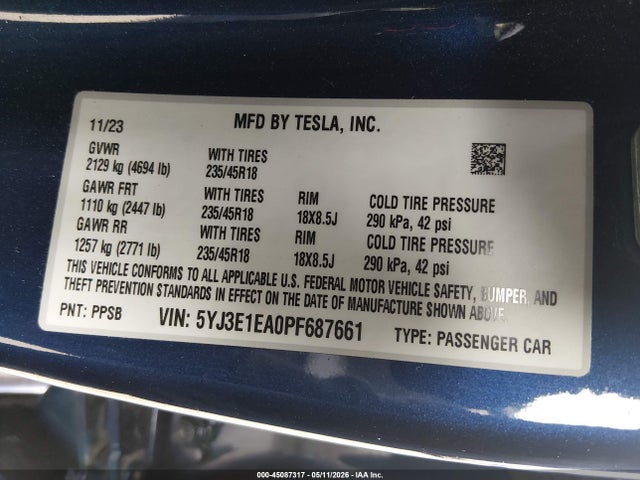 Aukcja sprzedaży 2023 Tesla Model 3 Rear-wheel Drive, vin: 5YJ3E1EA0PF687661, numer aukcji: 45087317