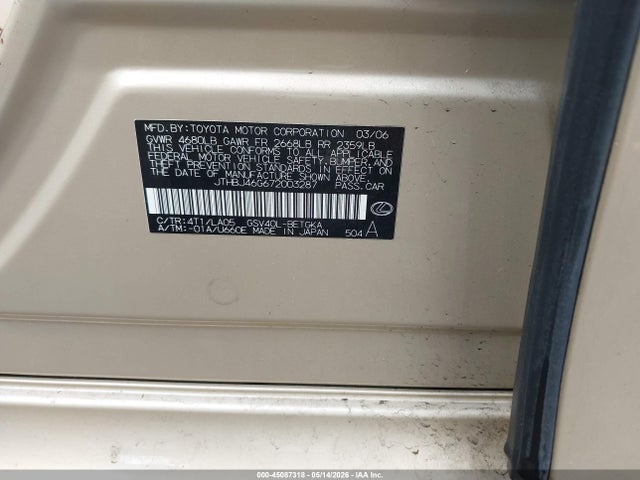 Продажа на аукционе авто 2007 Lexus Es 350, vin: JTHBJ46G672003287, номер лота: 45087318