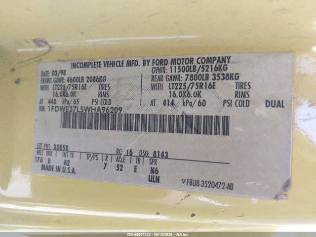Продаж на аукціоні авто 1998 Ford Econoline Rv Cutaway Standard, vin: 1FDWE37L5WHA96209, номер лоту: 45087320