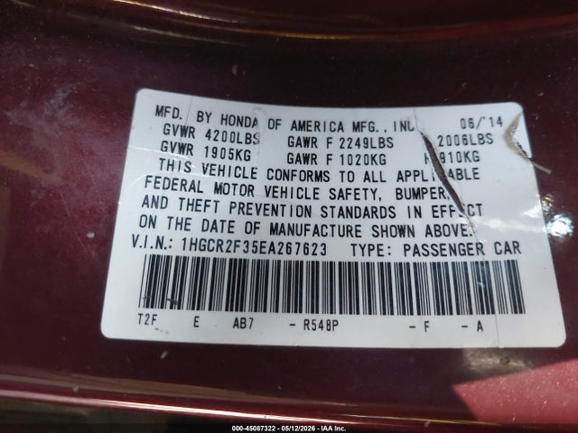 Aukcja sprzedaży 2014 Honda Accord Lx, vin: 1HGCR2F35EA267623, numer aukcji: 45087322