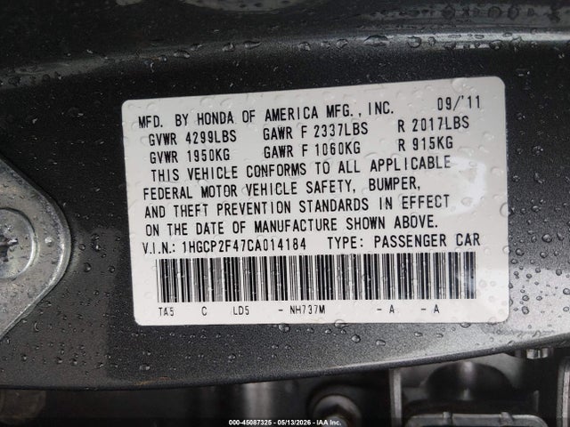 45087325 :رقم المزاد ، 1HGCP2F47CA014184 vin ، 2012 Honda Accord 2.4 Lx-p مزاد بيع