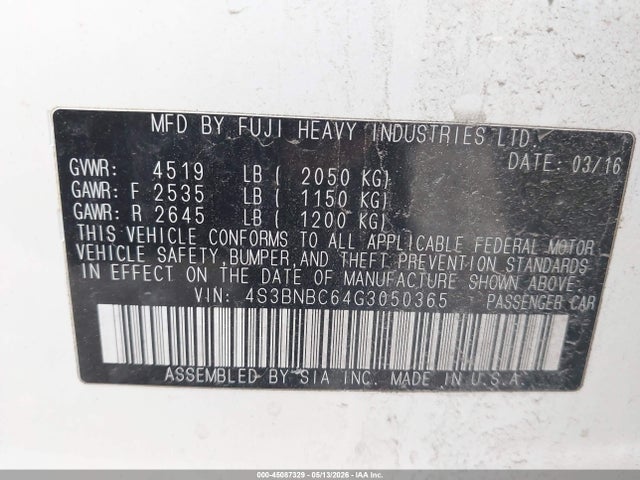 45087329 :رقم المزاد ، 4S3BNBC64G3050365 vin ، 2016 Subaru Legacy 2.5i Premium مزاد بيع