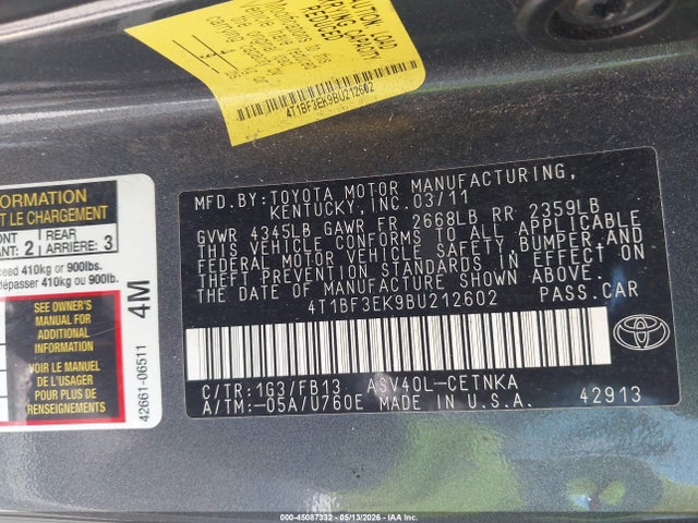 2011 Toyota Camry Le მანქანა იყიდება აუქციონზე, vin: 4T1BF3EK9BU212602, აუქციონის ნომერი: 45087332