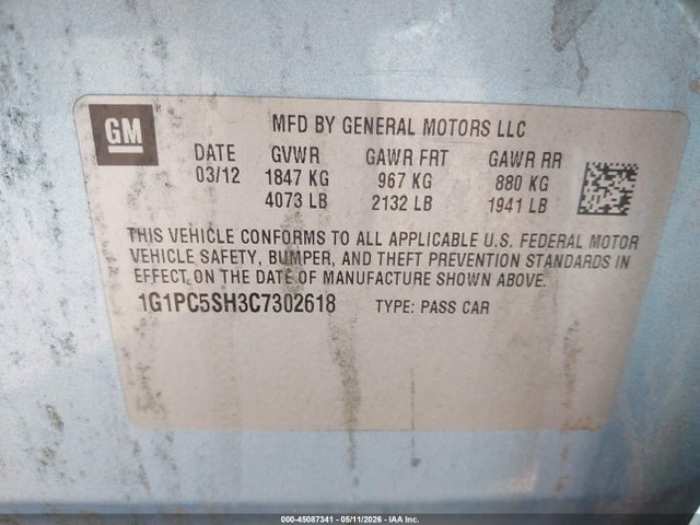2012 Chevrolet Cruze Ls მანქანა იყიდება აუქციონზე, vin: 1G1PC5SH3C7302618, აუქციონის ნომერი: 45087341