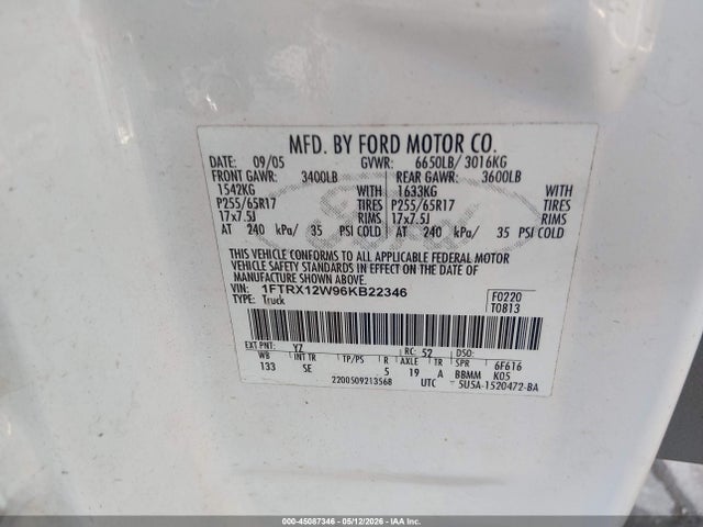 Aukcja sprzedaży 2006 Ford F-150 Stx/xl/xlt, vin: 1FTRX12W96KB22346, numer aukcji: 45087346