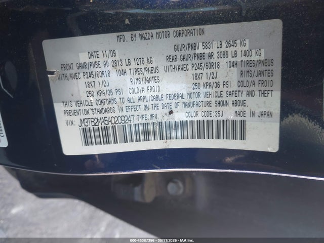 Продажа на аукционе авто 2010 Mazda Cx-9 Sport, vin: JM3TB2MA5A0209247, номер лота: 45087356