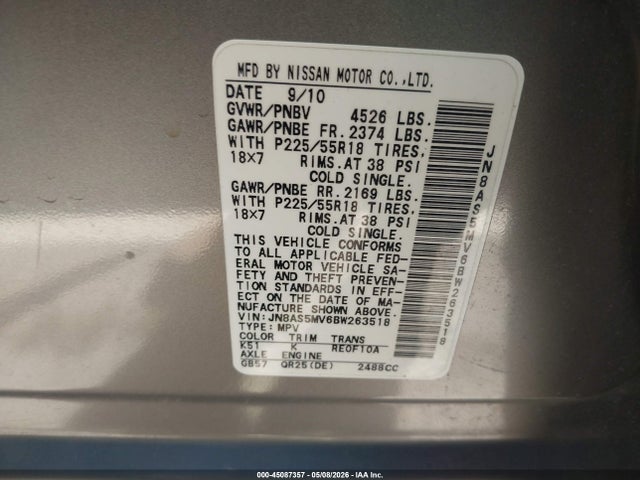 45087357 :رقم المزاد ، JN8AS5MV6BW263518 vin ، 2011 Nissan Rogue Sv مزاد بيع