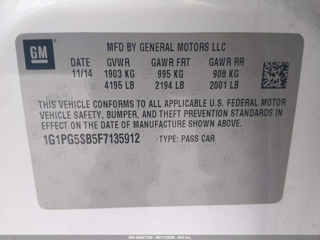 Aukcja sprzedaży 2015 Chevrolet Cruze Ltz, vin: 1G1PG5SB5F7135912, numer aukcji: 45087359