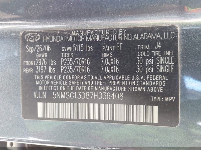 2007 Hyundai Santa Fe Gls მანქანა იყიდება აუქციონზე, vin: 5NMSG13D87H036408, აუქციონის ნომერი: 45087371