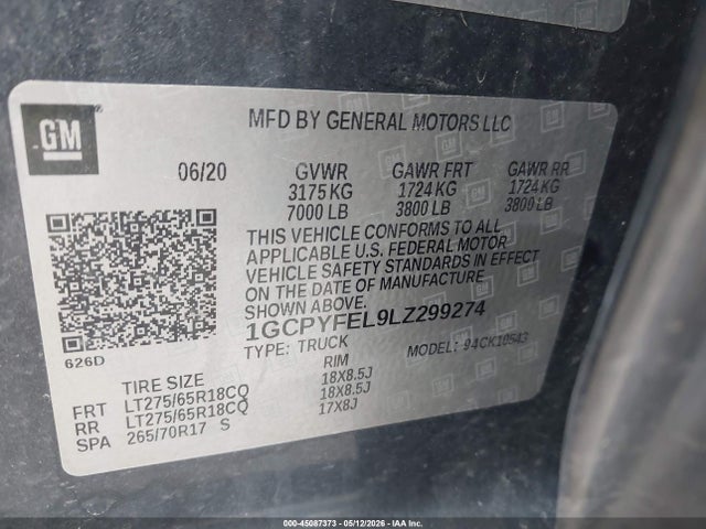 45087373 :رقم المزاد ، 1GCPYFEL9LZ299274 vin ، 2020 Chevrolet Silverado 1500 4wd  Short Bed Lt Trail Boss مزاد بيع
