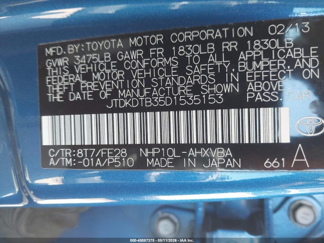 45087375 :رقم المزاد ، JTDKDTB35D1535153 vin ، 2013 Toyota Prius C One مزاد بيع