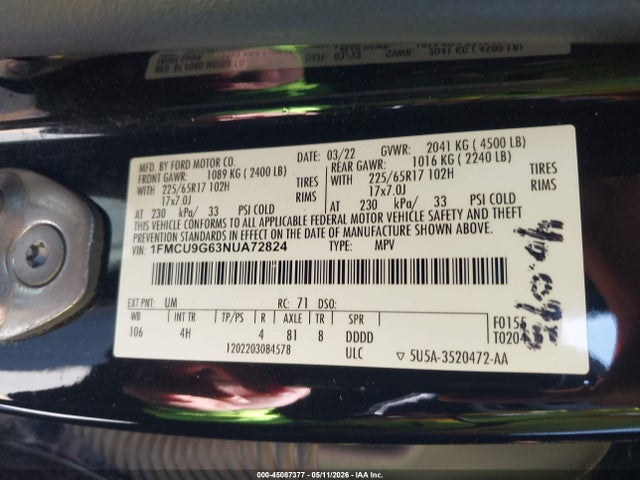 Aukcja sprzedaży 2022 Ford Escape Se, vin: 1FMCU9G63NUA72824, numer aukcji: 45087377