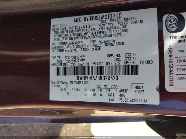45087384 :رقم المزاد ، 3FAHP0HA7BR320520 vin ، 2011 Ford Fusion Se مزاد بيع