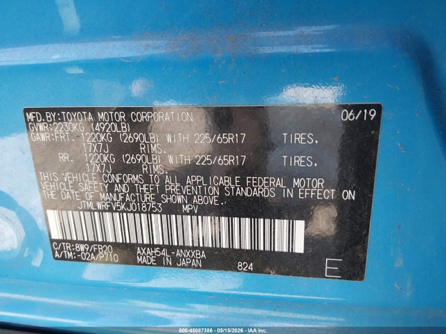 JTMLWRFV5KJ018753 Toyota Rav4 Hybrid Le