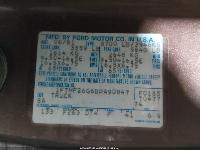Aukcja sprzedaży 1981 Ford F250, vin: 1FTHF26G6BPA90847, numer aukcji: 45087389