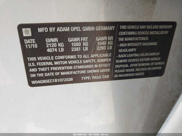 45087403 :رقم المزاد ، W04GN5EC1B1072526 vin ، 2011 Buick Regal Cxl Russelsheim مزاد بيع