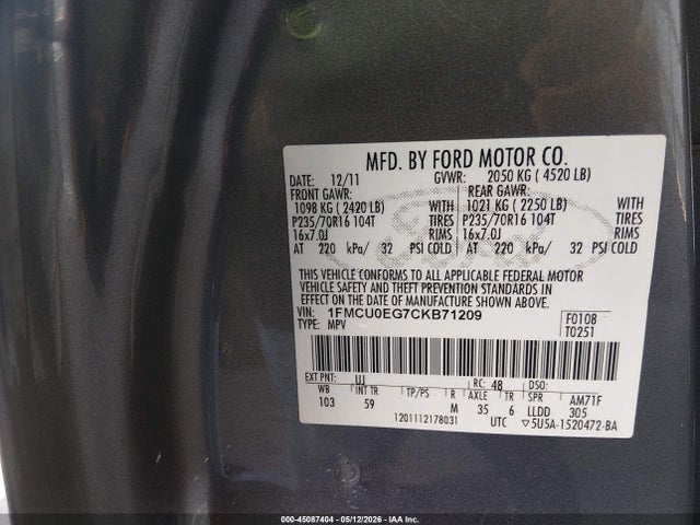 Aukcja sprzedaży 2012 Ford Escape Limited, vin: 1FMCU0EG7CKB71209, numer aukcji: 45087404