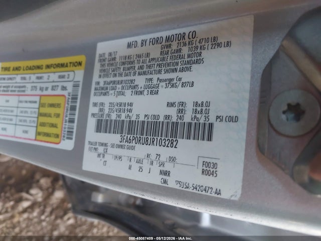 Auction sale of the 2018 Ford Fusion Hybrid Titanium, vin: 3FA6P0RU8JR103282, lot number: 45087409