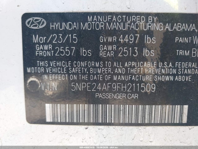 Hyundai SONATA SE 2015 5NPE24AF9FH211509 Image 9