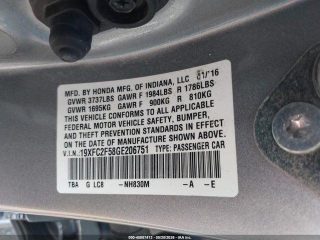 45087413 :رقم المزاد ، 19XFC2F58GE206751 vin ، 2016 Honda Civic Lx مزاد بيع