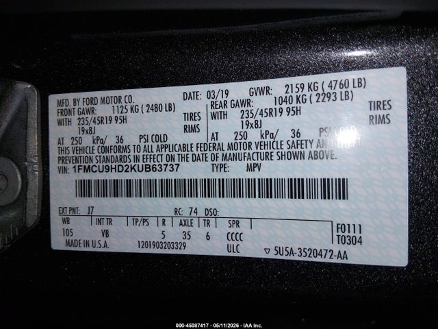 Продаж на аукціоні авто 2019 Ford Escape Sel, vin: 1FMCU9HD2KUB63737, номер лоту: 45087417
