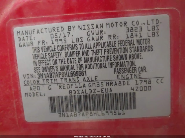 45087420 :رقم المزاد ، 3N1AB7AP8HL699561 vin ، 2017 Nissan Sentra Sv مزاد بيع