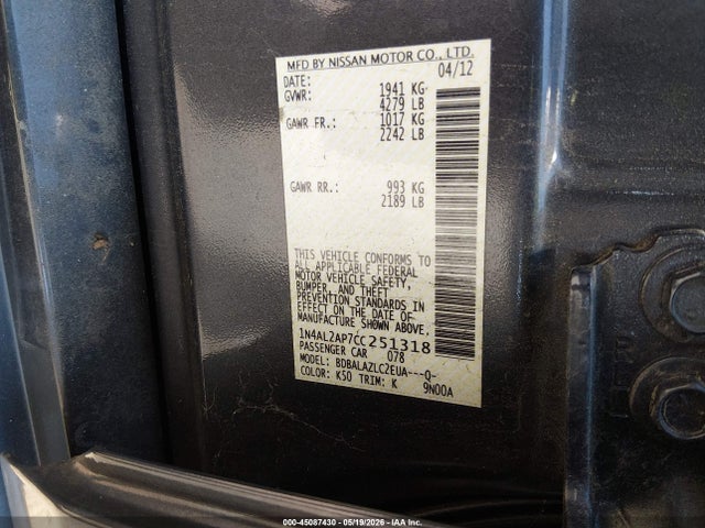 Продаж на аукціоні авто 2012 Nissan Altima 2.5, vin: 1N4AL2AP7CC251318, номер лоту: 45087430